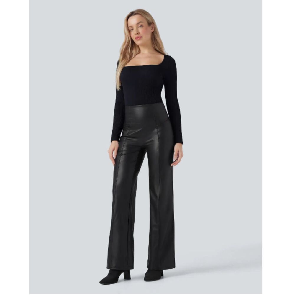Halara High Waisted Tummy Control Faux Leather Fleece Flare Pants size L